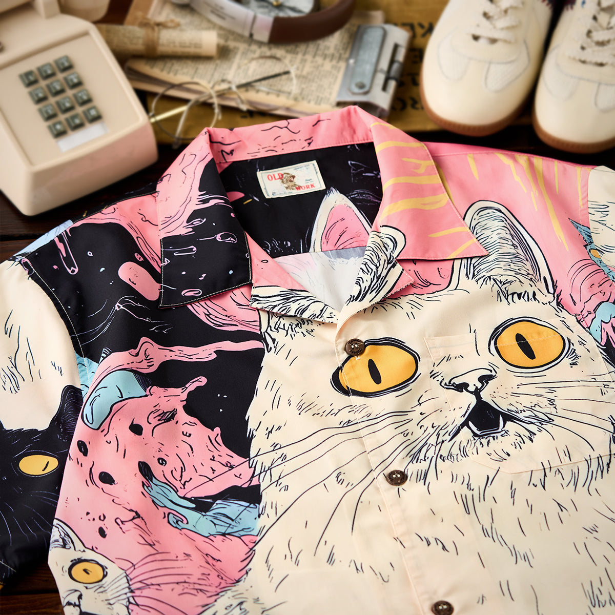 Cat Fantasy Universe Front And Back Asymmetrical Print Open Collar Shirt