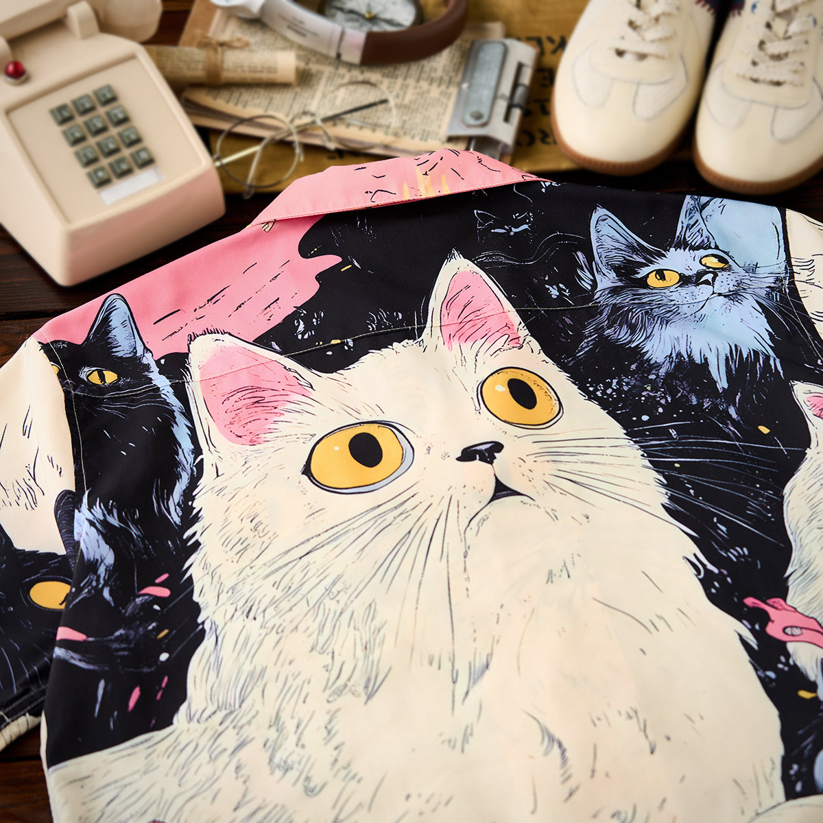 Cat Fantasy Universe Front And Back Asymmetrical Print Open Collar Shirt