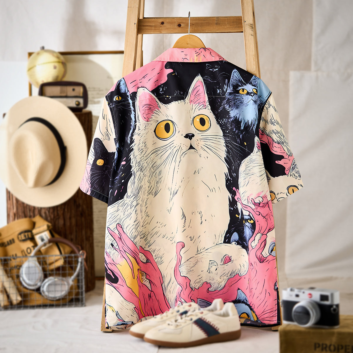 Cat Fantasy Universe Front And Back Asymmetrical Print Open Collar Shirt
