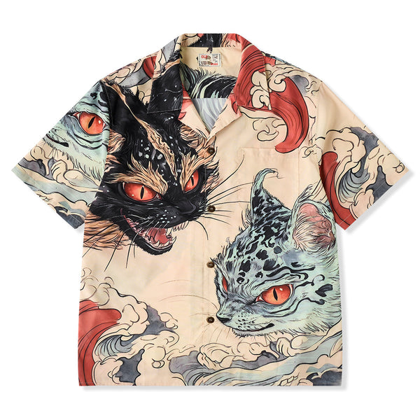 Legend Of The Demon Cat Asymmetrical Ukiyoe Open Collar Shirt