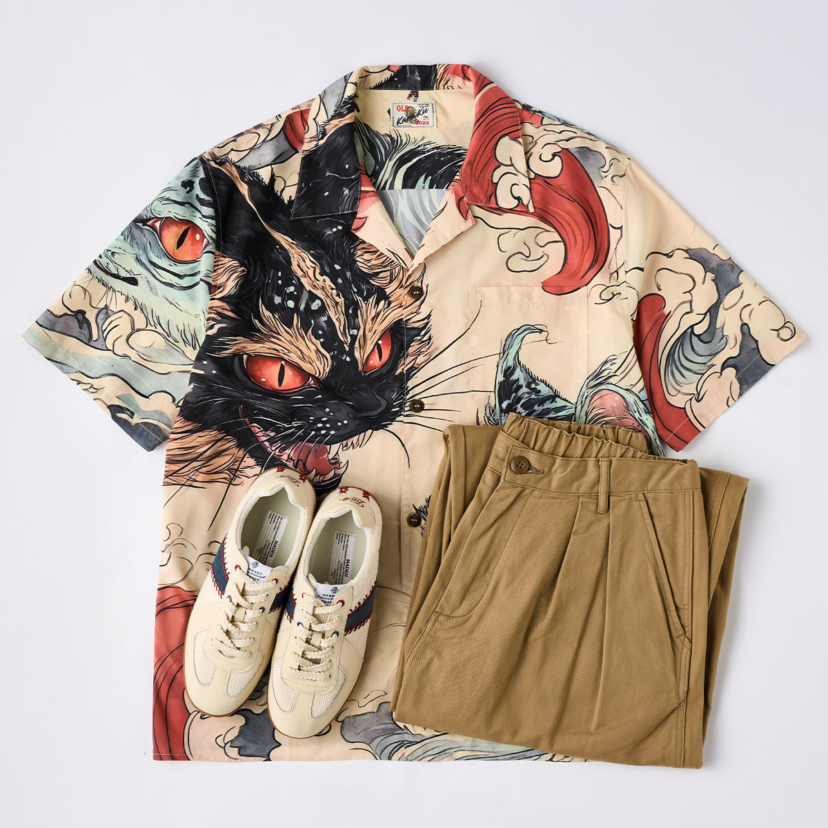 Legend Of The Demon Cat Asymmetrical Ukiyoe Open Collar Shirt