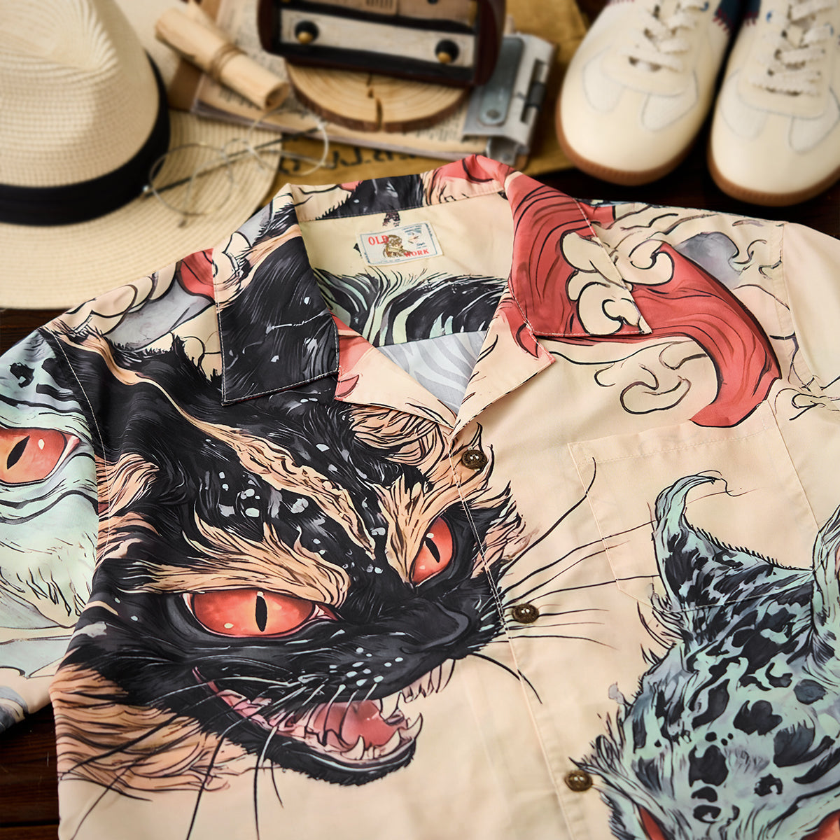 Legend Of The Demon Cat Asymmetrical Ukiyoe Open Collar Shirt