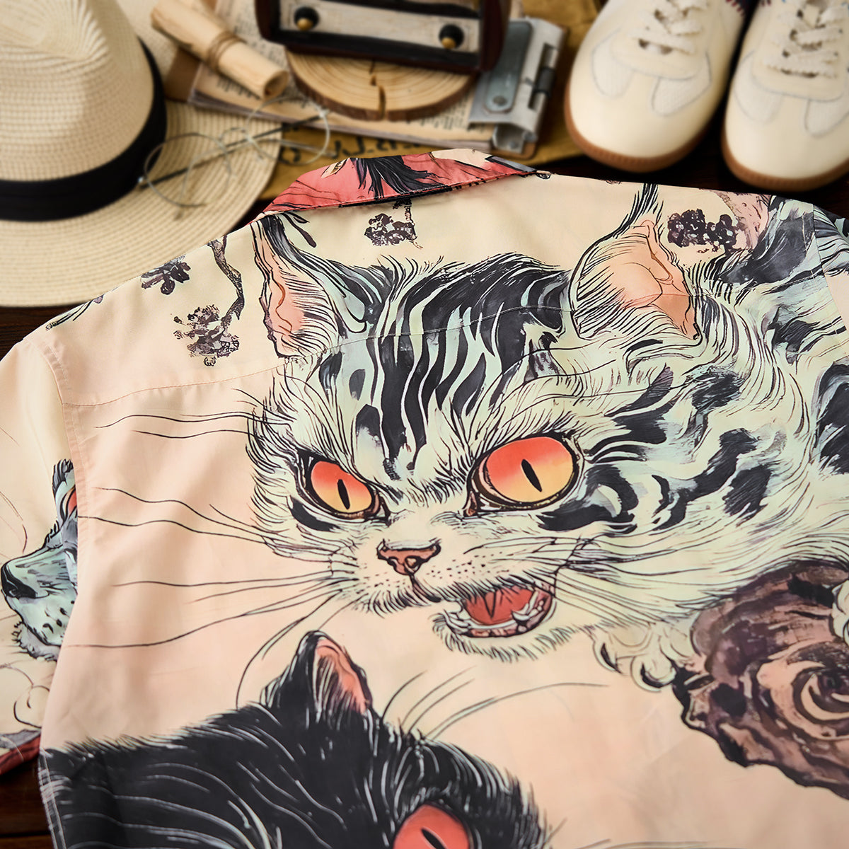 Legend Of The Demon Cat Asymmetrical Ukiyoe Open Collar Shirt