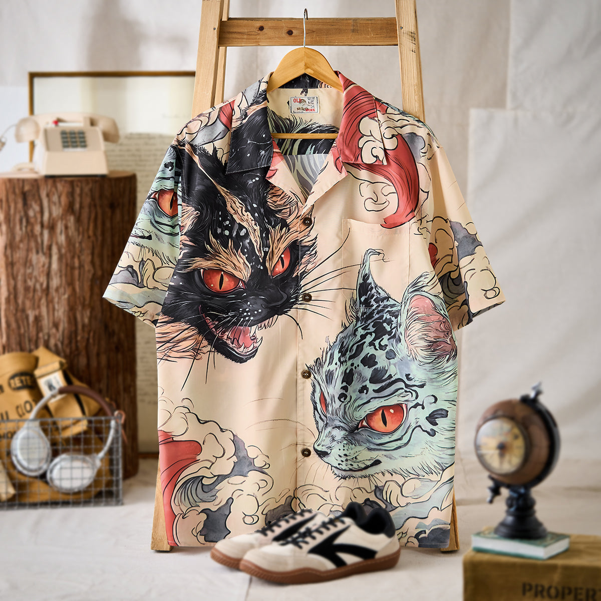 Legend Of The Demon Cat Asymmetrical Ukiyoe Open Collar Shirt