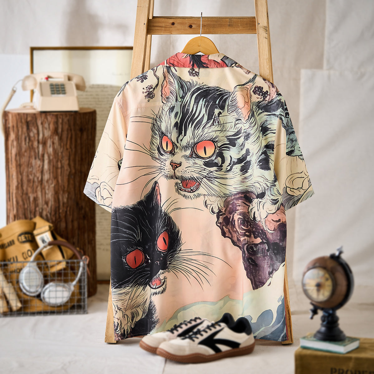 Legend Of The Demon Cat Asymmetrical Ukiyoe Open Collar Shirt
