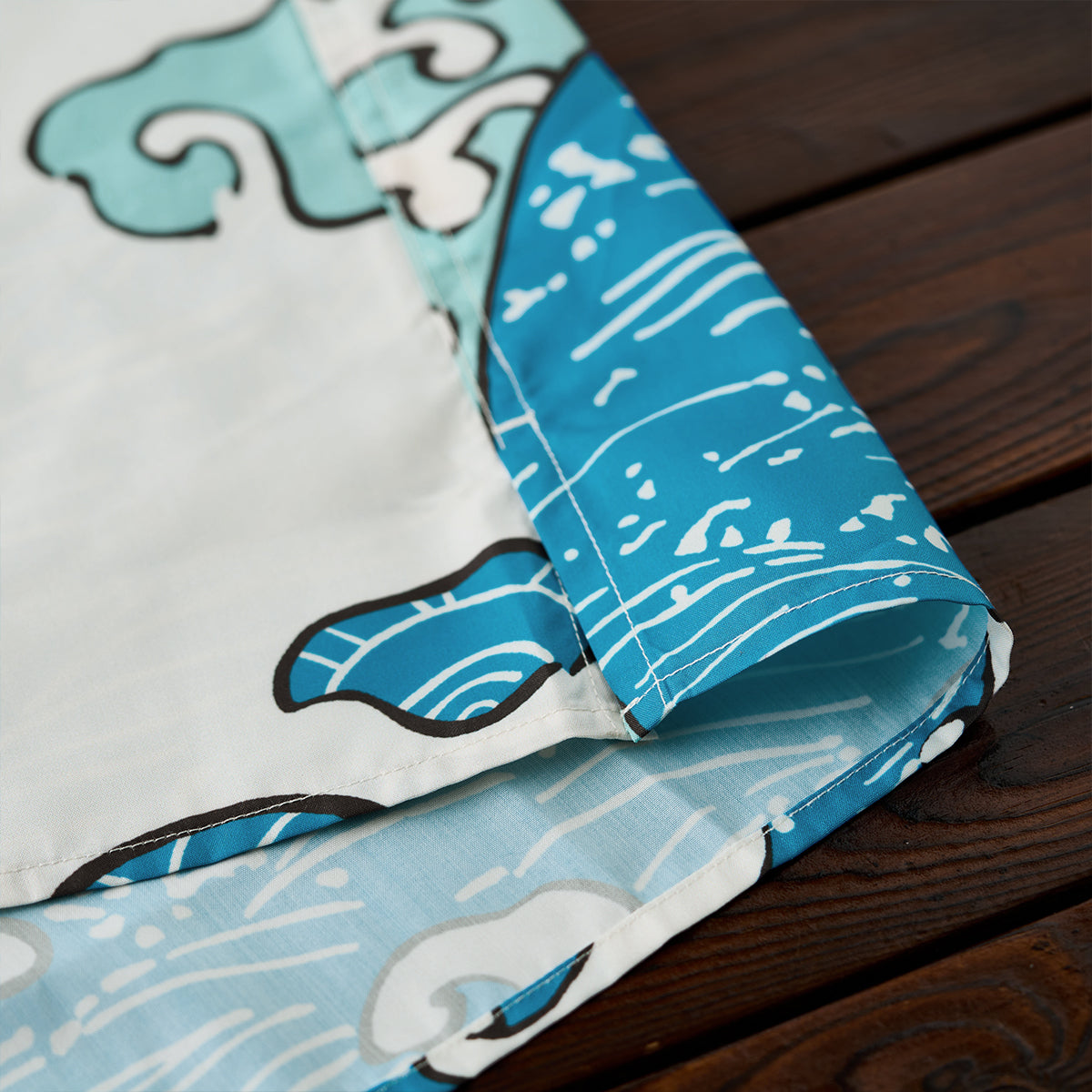Blue Waves Ukiyo-E Style Print Short-Sleeved Open-Collar Shirt