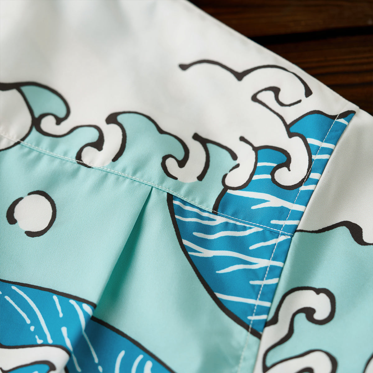 Blue Waves Ukiyo-E Style Print Short-Sleeved Open-Collar Shirt