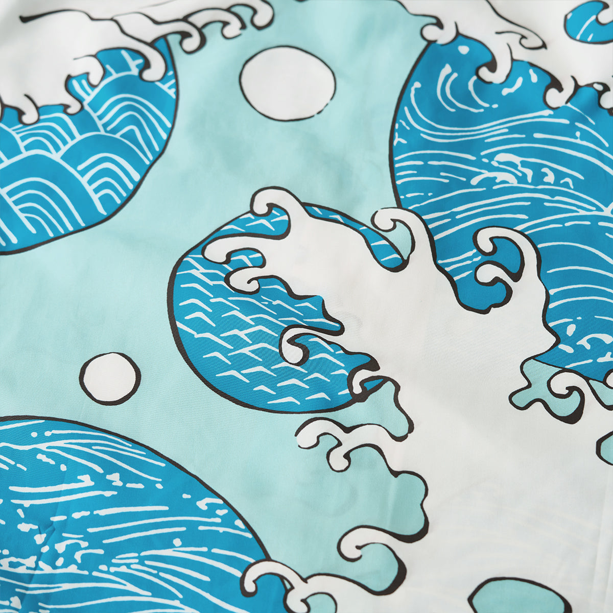 Blue Waves Ukiyo-E Style Print Short-Sleeved Open-Collar Shirt