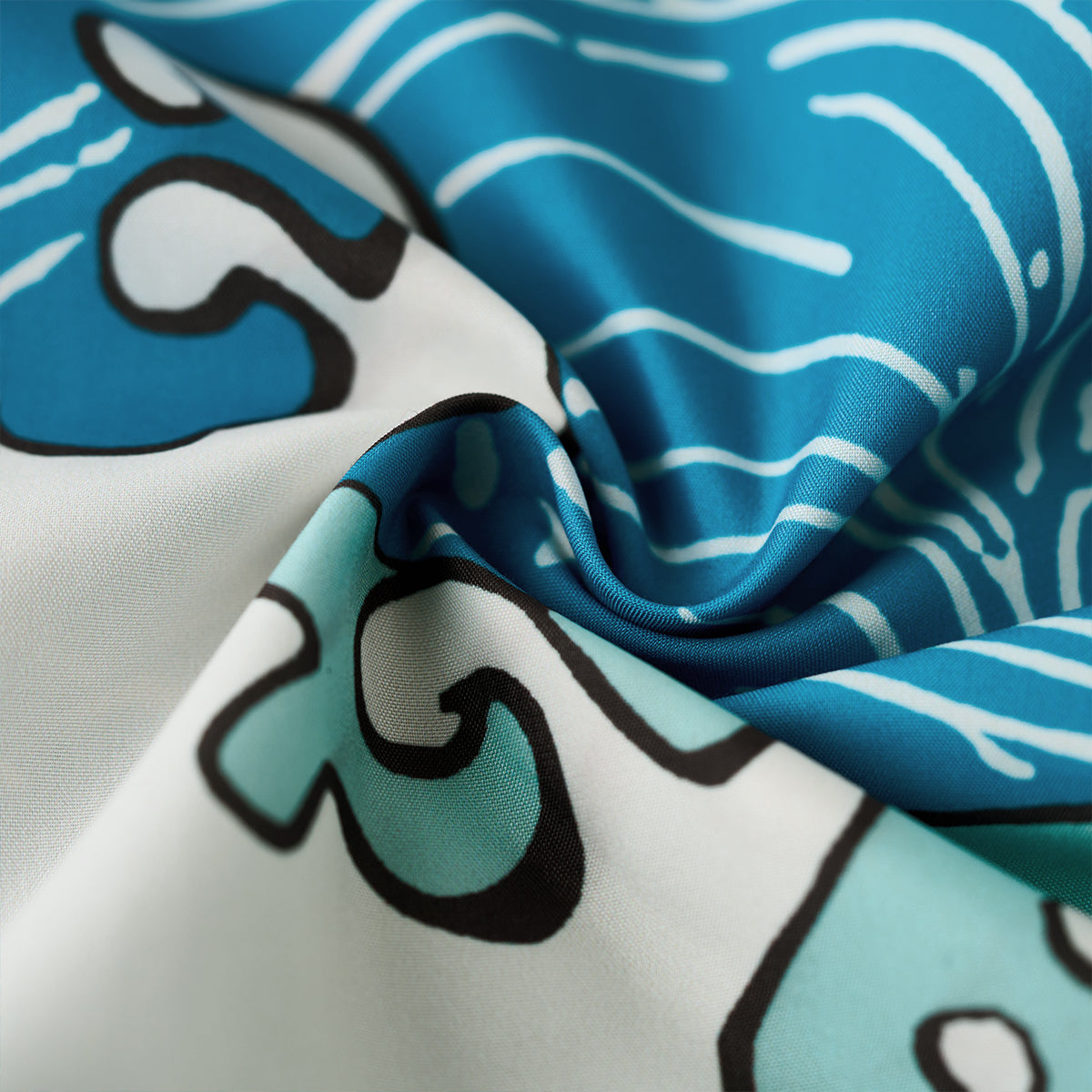 Blue Waves Ukiyo-E Style Print Short-Sleeved Open-Collar Shirt