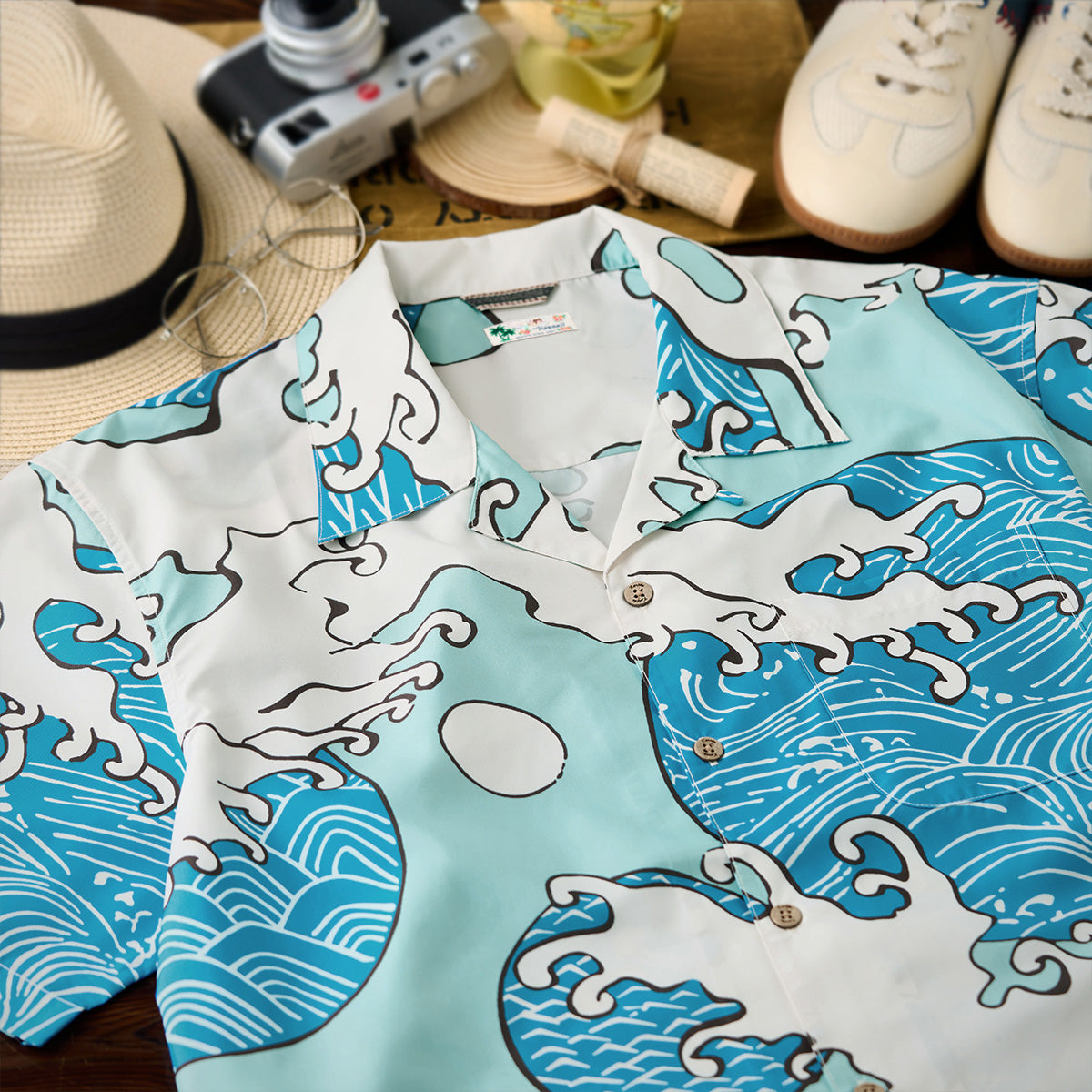 Blue Waves Ukiyo-E Style Print Short-Sleeved Open-Collar Shirt