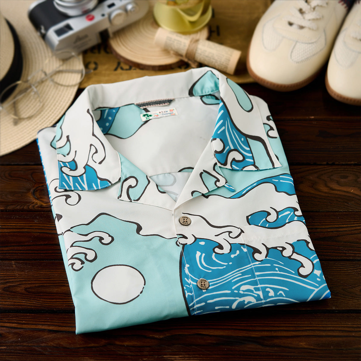 Blue Waves Ukiyo-E Style Print Short-Sleeved Open-Collar Shirt