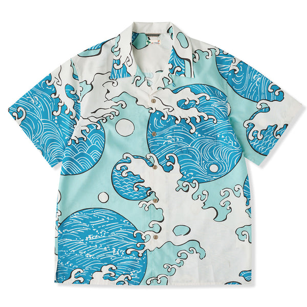 Blue Waves Ukiyo-E Style Print Short-Sleeved Open-Collar Shirt