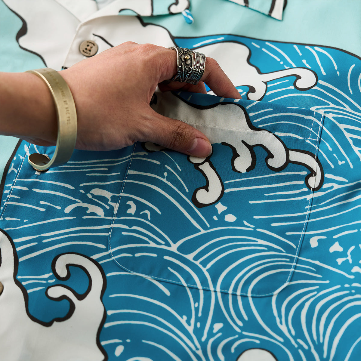 Blue Waves Ukiyo-E Style Print Short-Sleeved Open-Collar Shirt