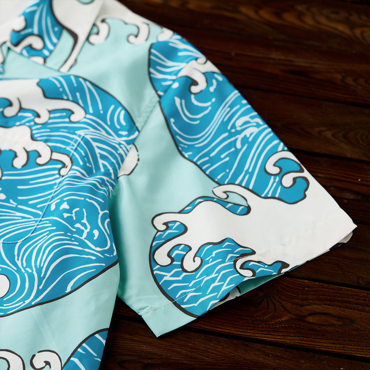 Blue Waves Ukiyo-E Style Print Short-Sleeved Open-Collar Shirt