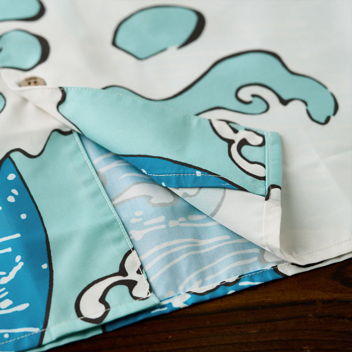 Blue Waves Ukiyo-E Style Print Short-Sleeved Open-Collar Shirt