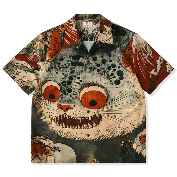 Folklore Bakeneko Ukiyo-E Style Open Collar Shirt
