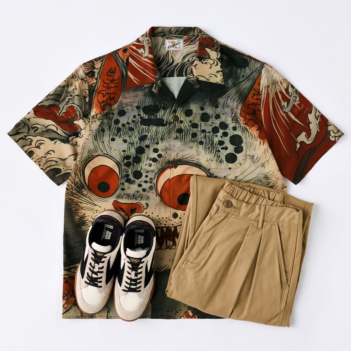 Folklore Bakeneko Ukiyo-E Style Open Collar Shirt
