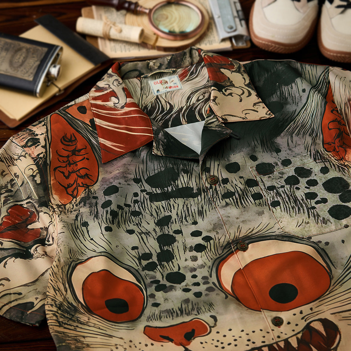 Folklore Bakeneko Ukiyo-E Style Open Collar Shirt