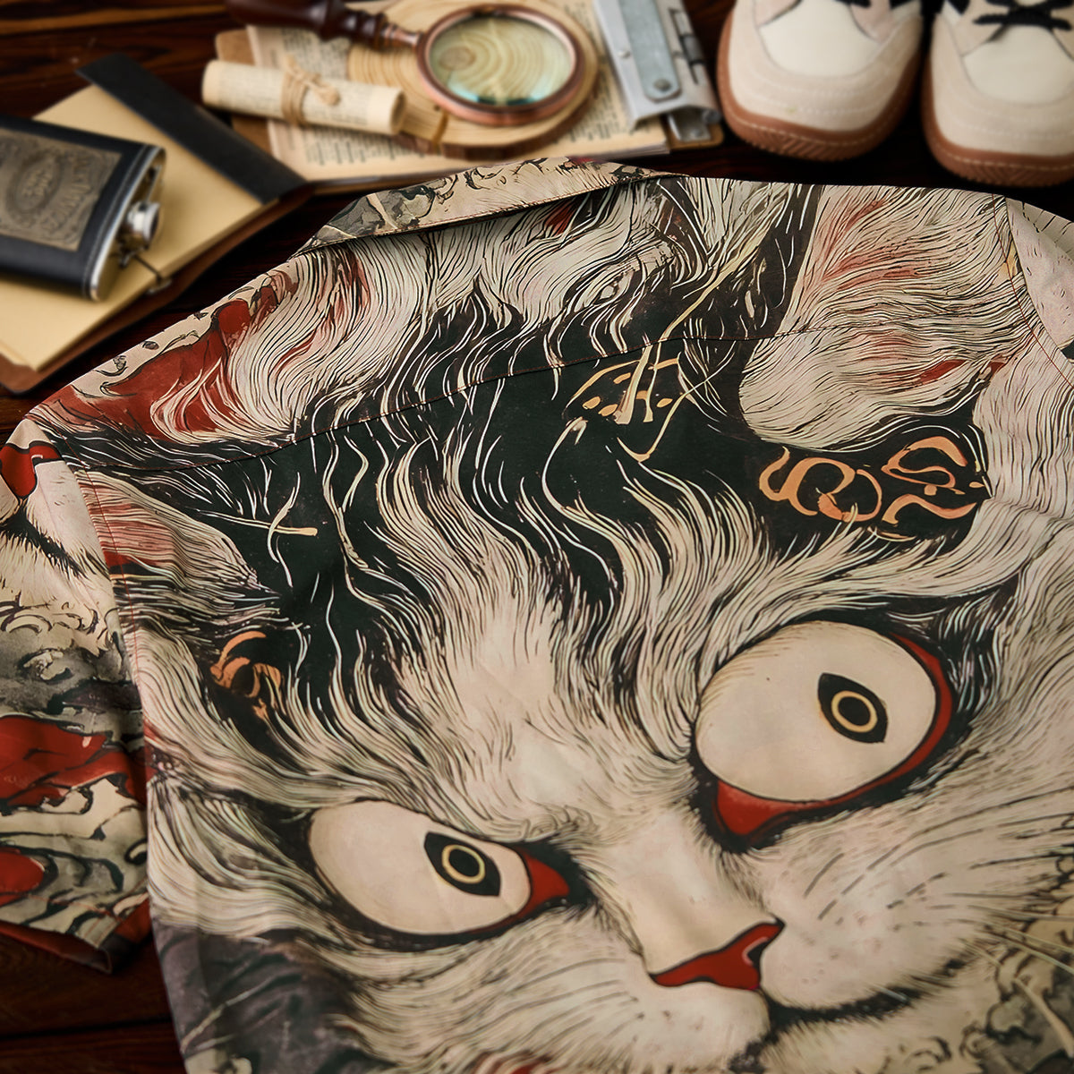 Folklore Bakeneko Ukiyo-E Style Open Collar Shirt