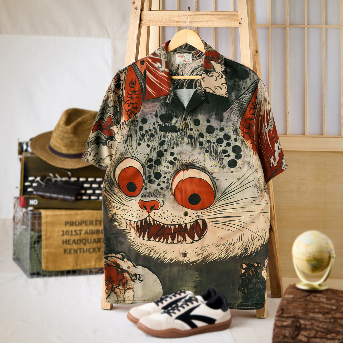 Folklore Bakeneko Ukiyo-E Style Open Collar Shirt