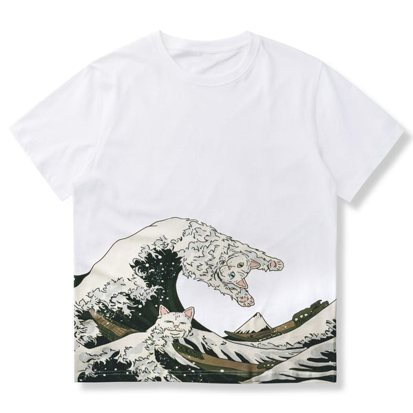 The Great Wave Off Kanagawa And Surfing Cat Ukiyo-E Style Cotton Tee