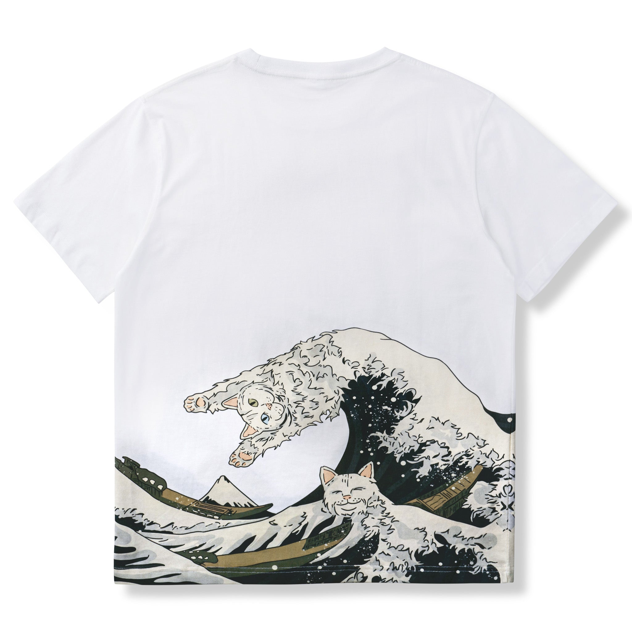 The Great Wave Off Kanagawa And Surfing Cat Ukiyo-E Style Cotton Tee