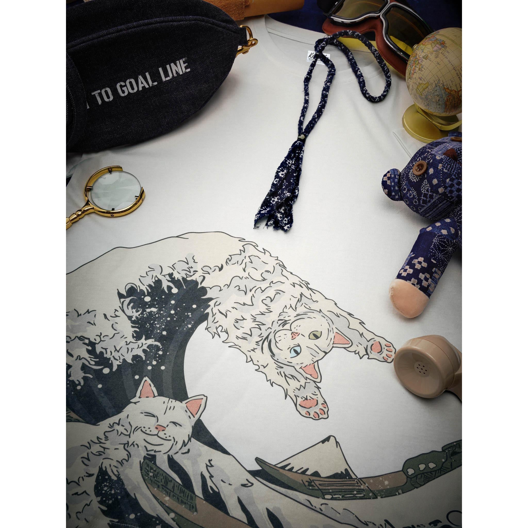 The Great Wave Off Kanagawa And Surfing Cat Ukiyo-E Style Cotton Tee
