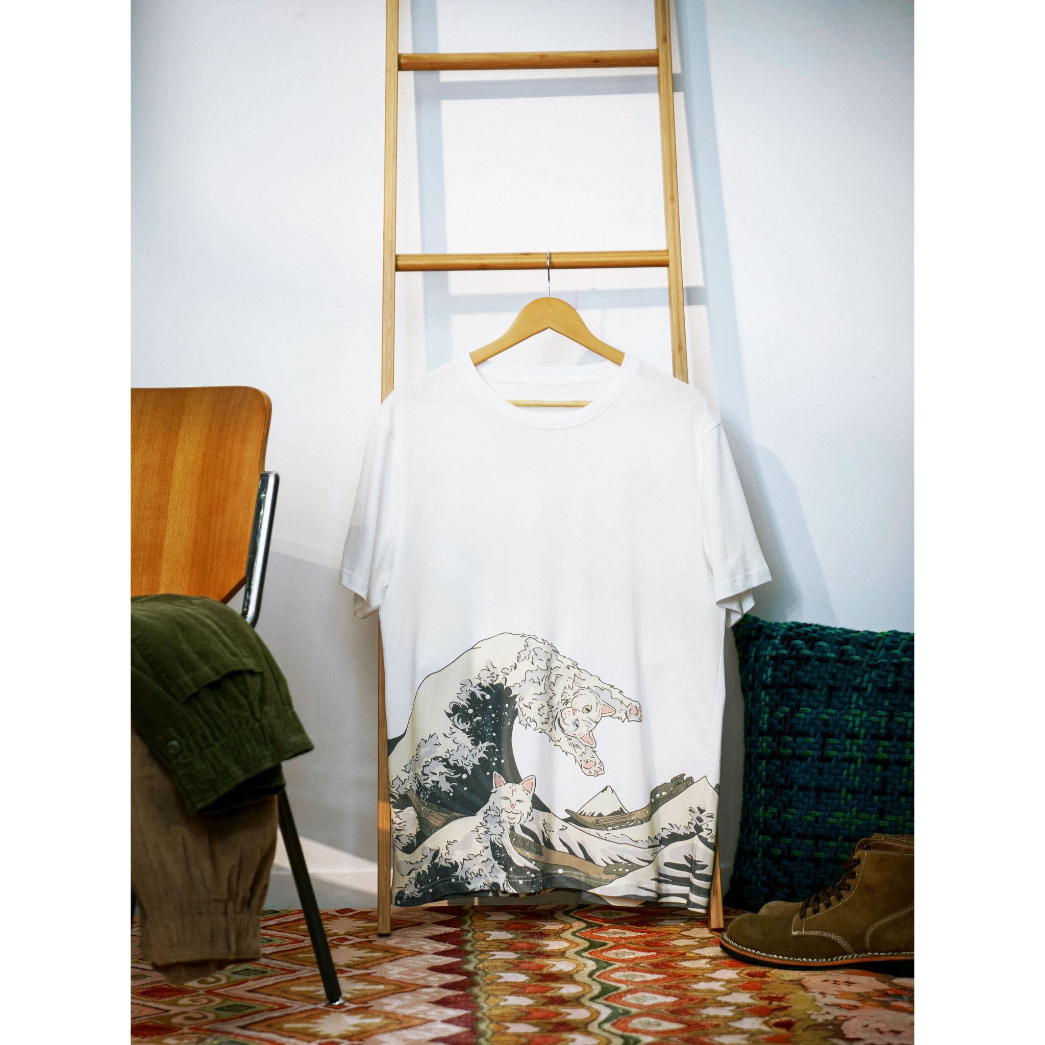 The Great Wave Off Kanagawa And Surfing Cat Ukiyo-E Style Cotton Tee