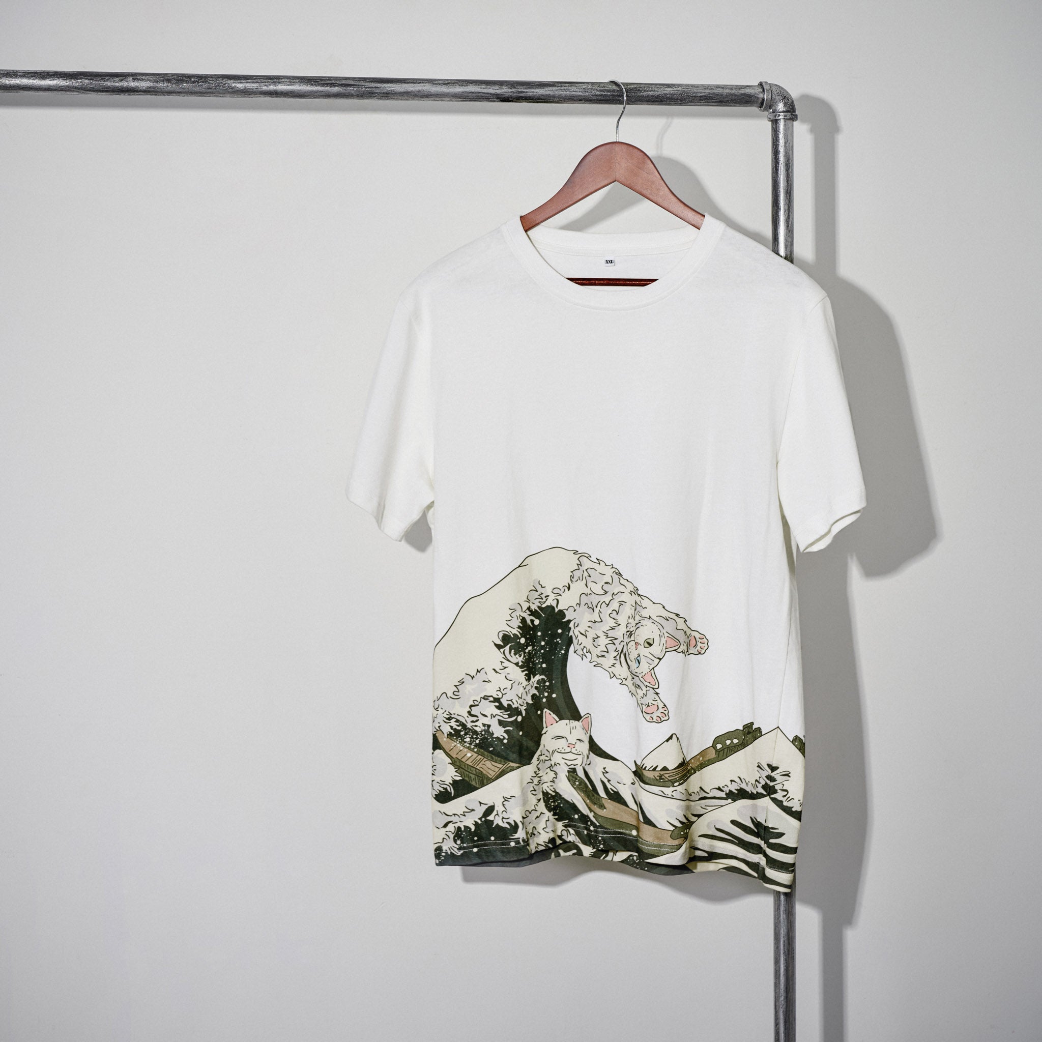 The Great Wave Off Kanagawa And Surfing Cat Ukiyo-E Style Cotton Tee