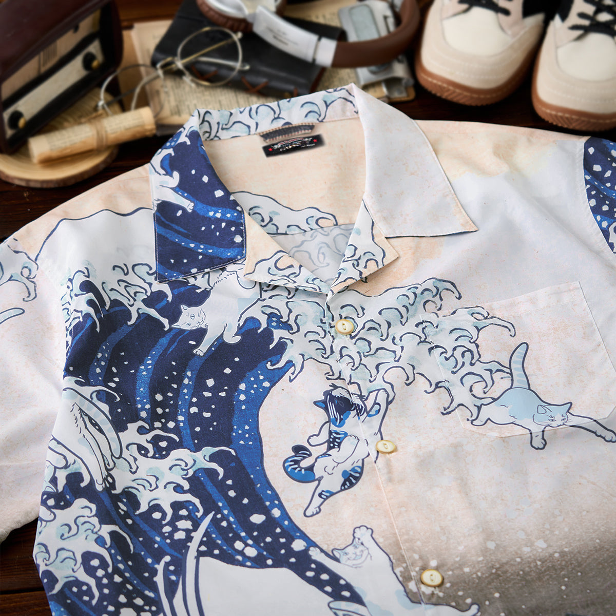 Cats In The Waves Ukiyo-E Hawaiian Shirt