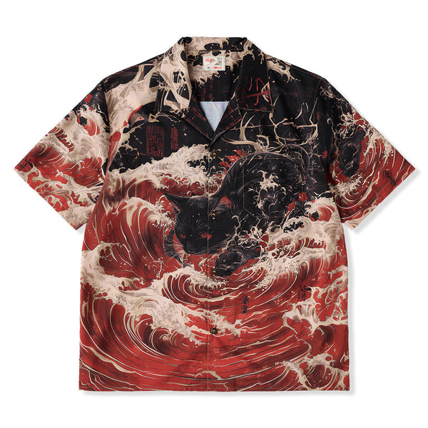 Red Wave Shadow Cat Ukiyo-E Style Print Open Collar Shirt