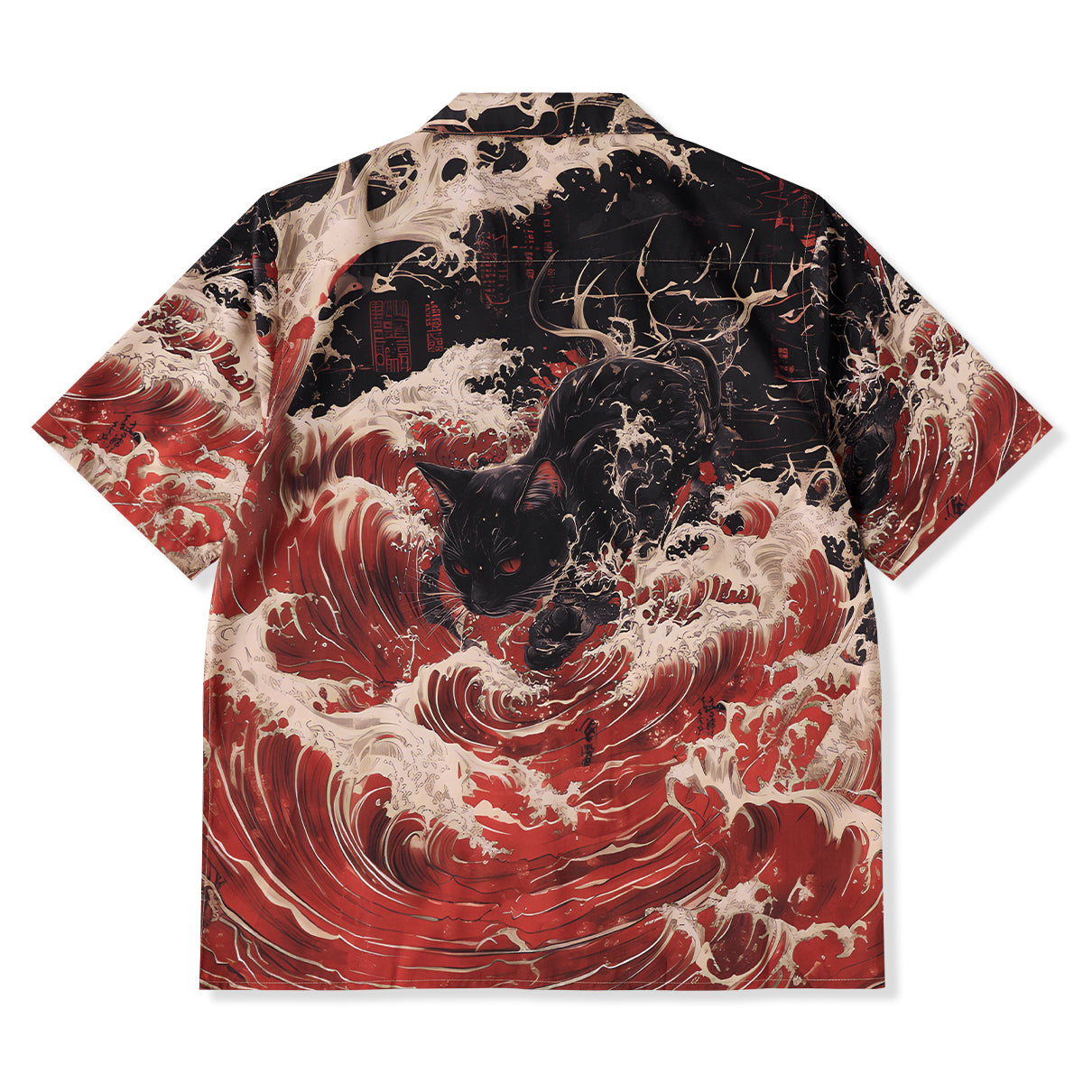 Red Wave Shadow Cat Ukiyo-E Style Print Open Collar Shirt