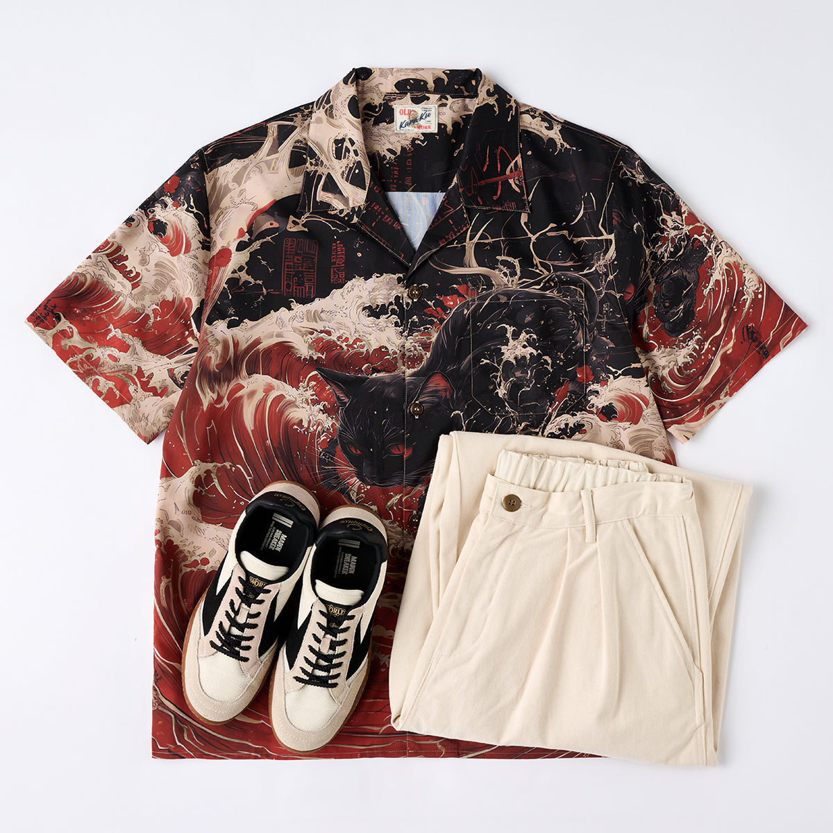 Red Wave Shadow Cat Ukiyo-E Style Print Open Collar Shirt