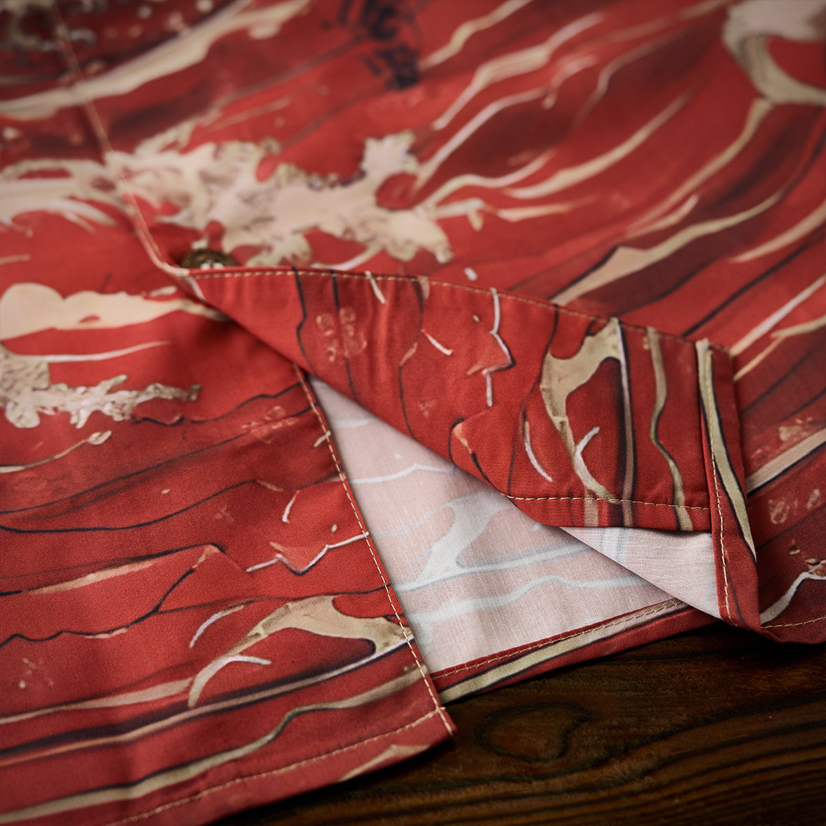 Red Wave Shadow Cat Ukiyo-E Style Print Open Collar Shirt