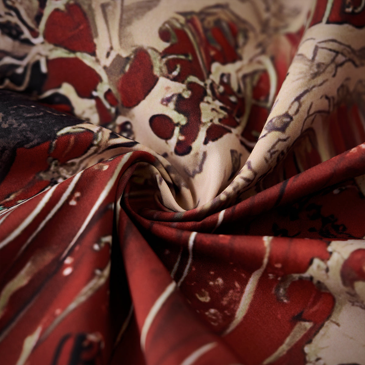 Red Wave Shadow Cat Ukiyo-E Style Print Open Collar Shirt
