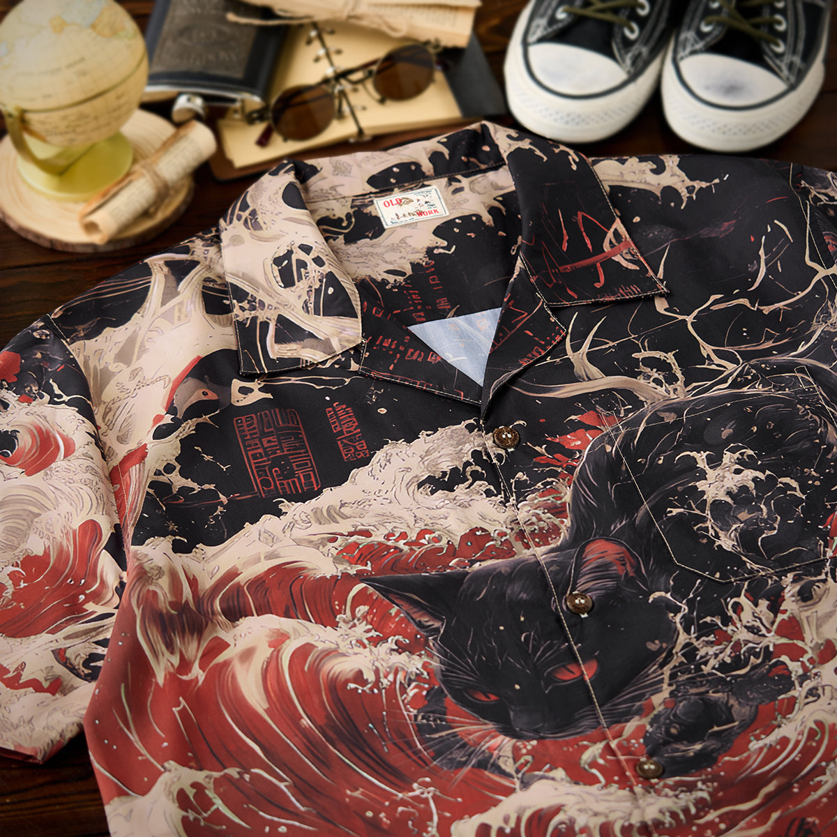 Red Wave Shadow Cat Ukiyo-E Style Print Open Collar Shirt