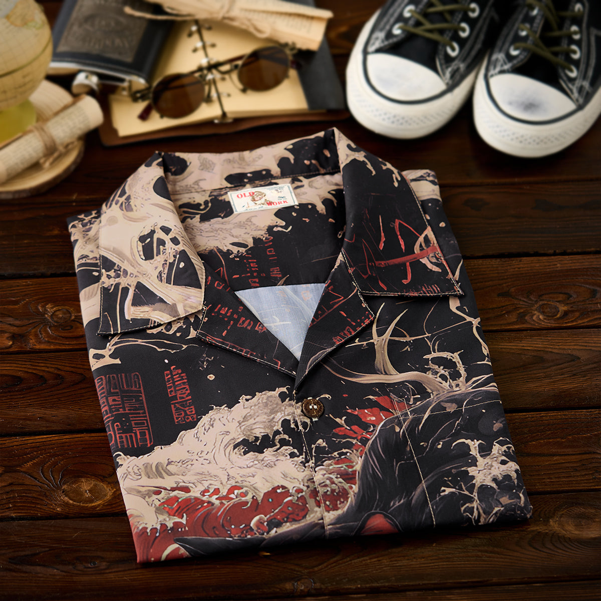 Red Wave Shadow Cat Ukiyo-E Style Print Open Collar Shirt