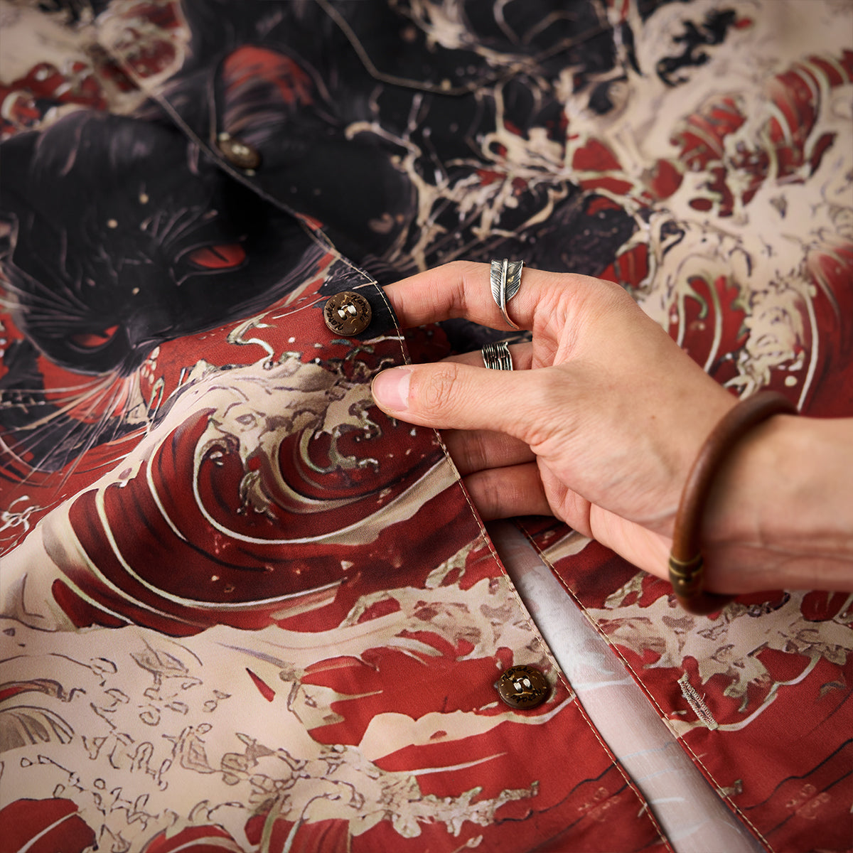 Red Wave Shadow Cat Ukiyo-E Style Print Open Collar Shirt
