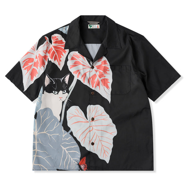 Cat Hiding In The Shade Digital Print Open Collar Shirt