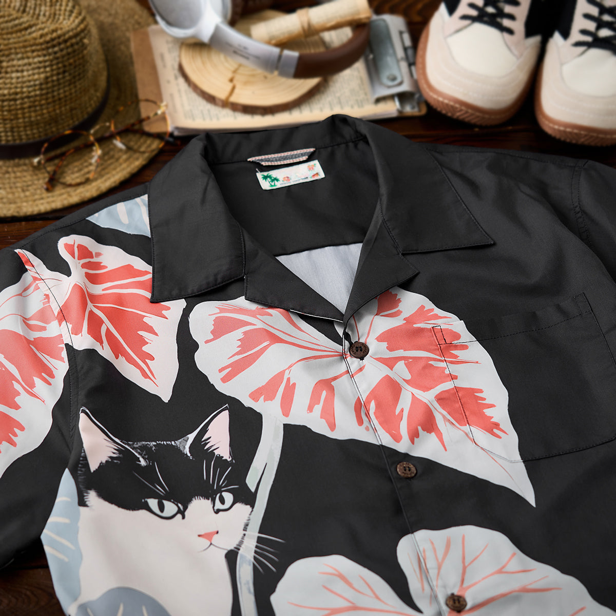 Cat Hiding In The Shade Digital Print Open Collar Shirt
