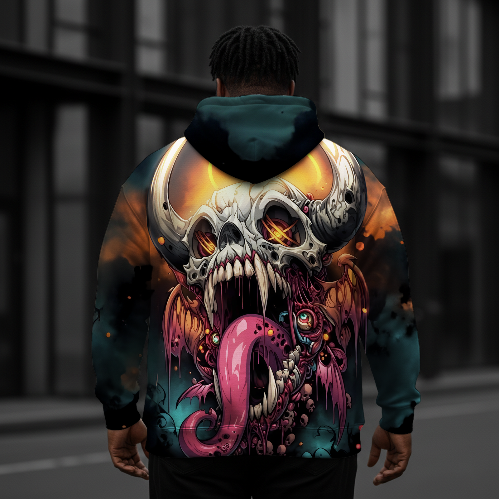 Men's Dark Demon Skull Large Size Hooded Sweatshirt