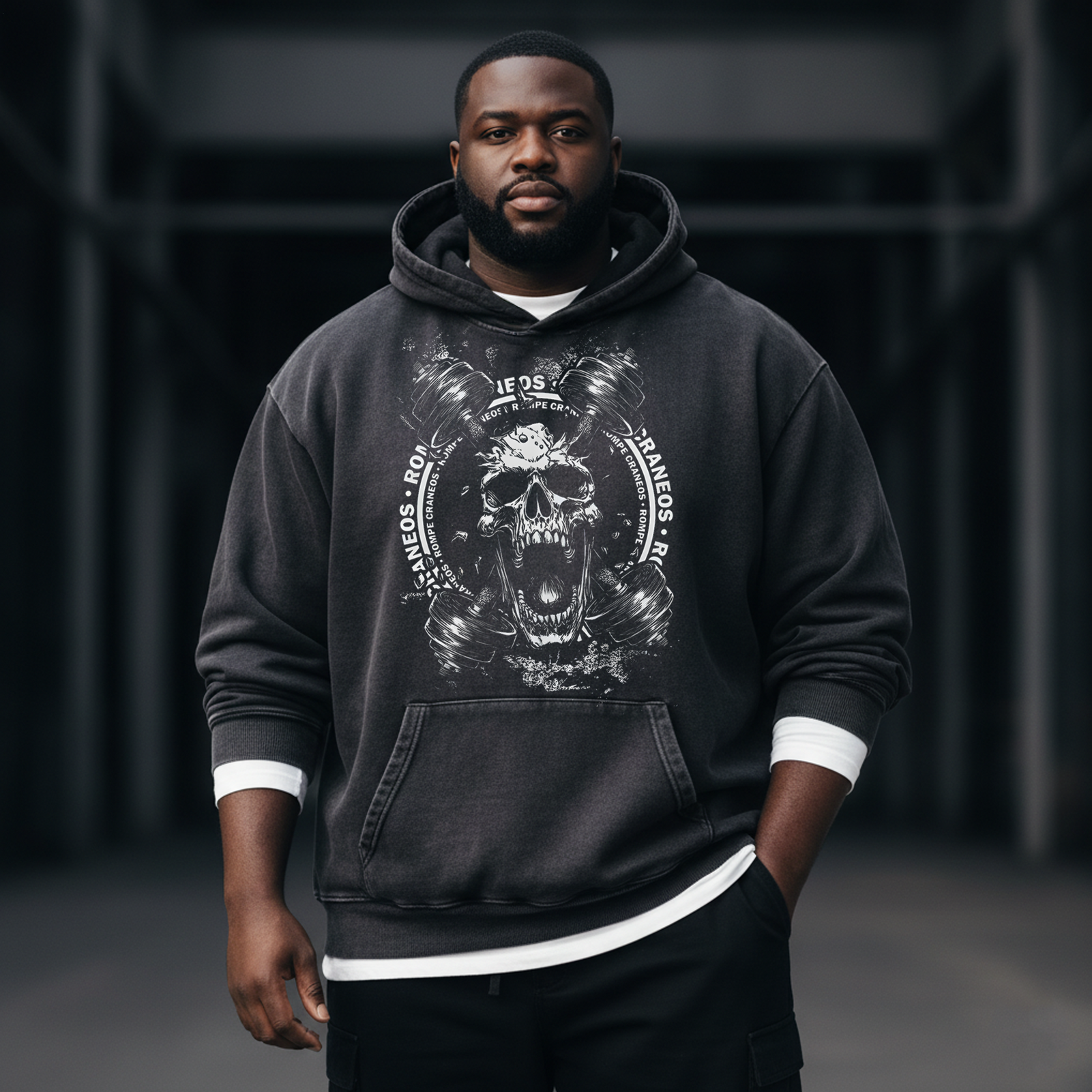 Retro Dark Skull Art 350g Washed Hooded Sweatshirt