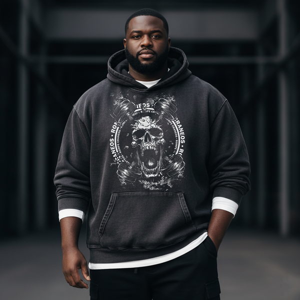 Retro Dark Skull Art 350g Washed Hooded Sweatshirt