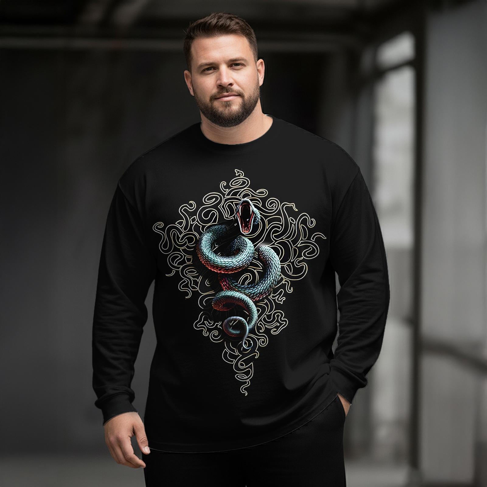 Plus Size Men's Gothic Totem Python Long Sleeve Round Neck Top