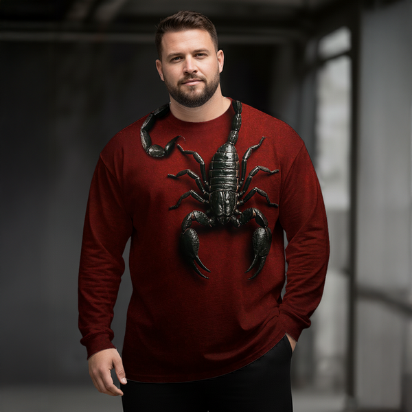 Plus Size Men's Dark Red Gothic Scorpion Long Sleeve Round Neck Top