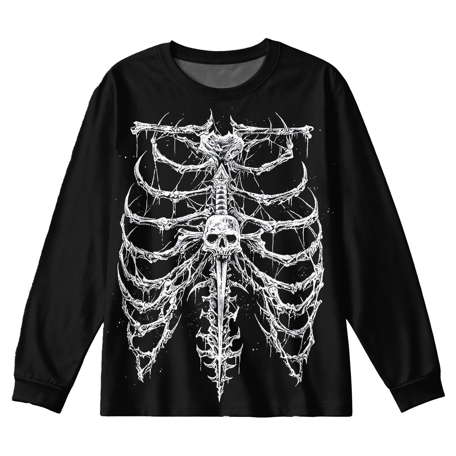 Plus Size Men's Gothic Skeleton Long Sleeve Round Neck Top