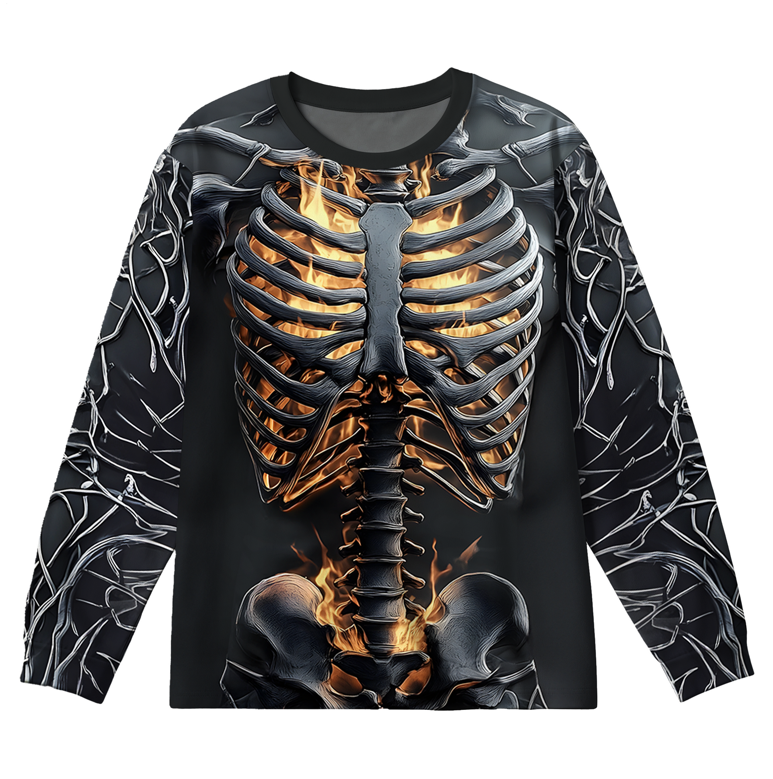 Retro Dark Flame Skull Plus Size Men's Long Sleeve Round Neck Top