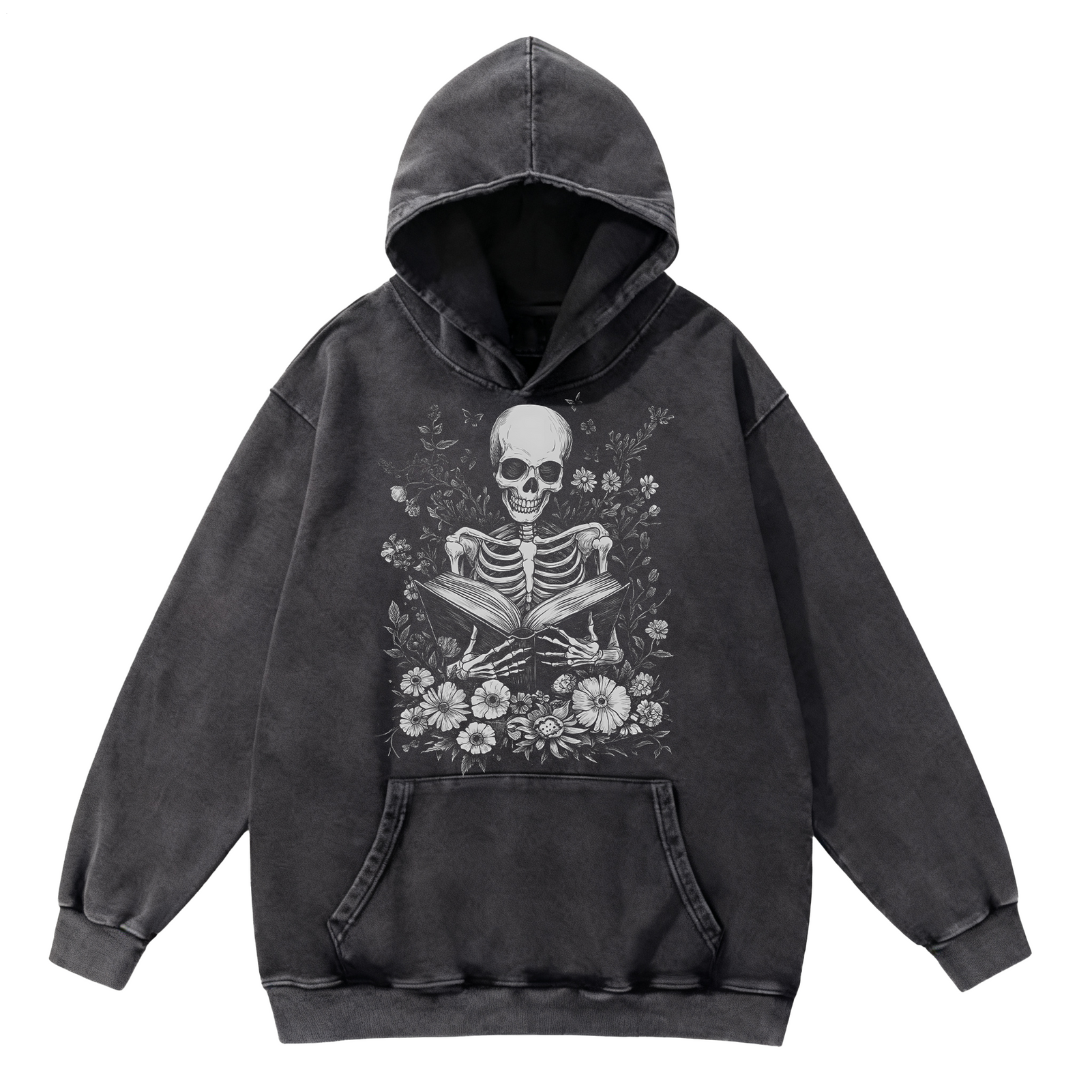 Retro Floral Skull 350g Washed Hooded Sweatshirt