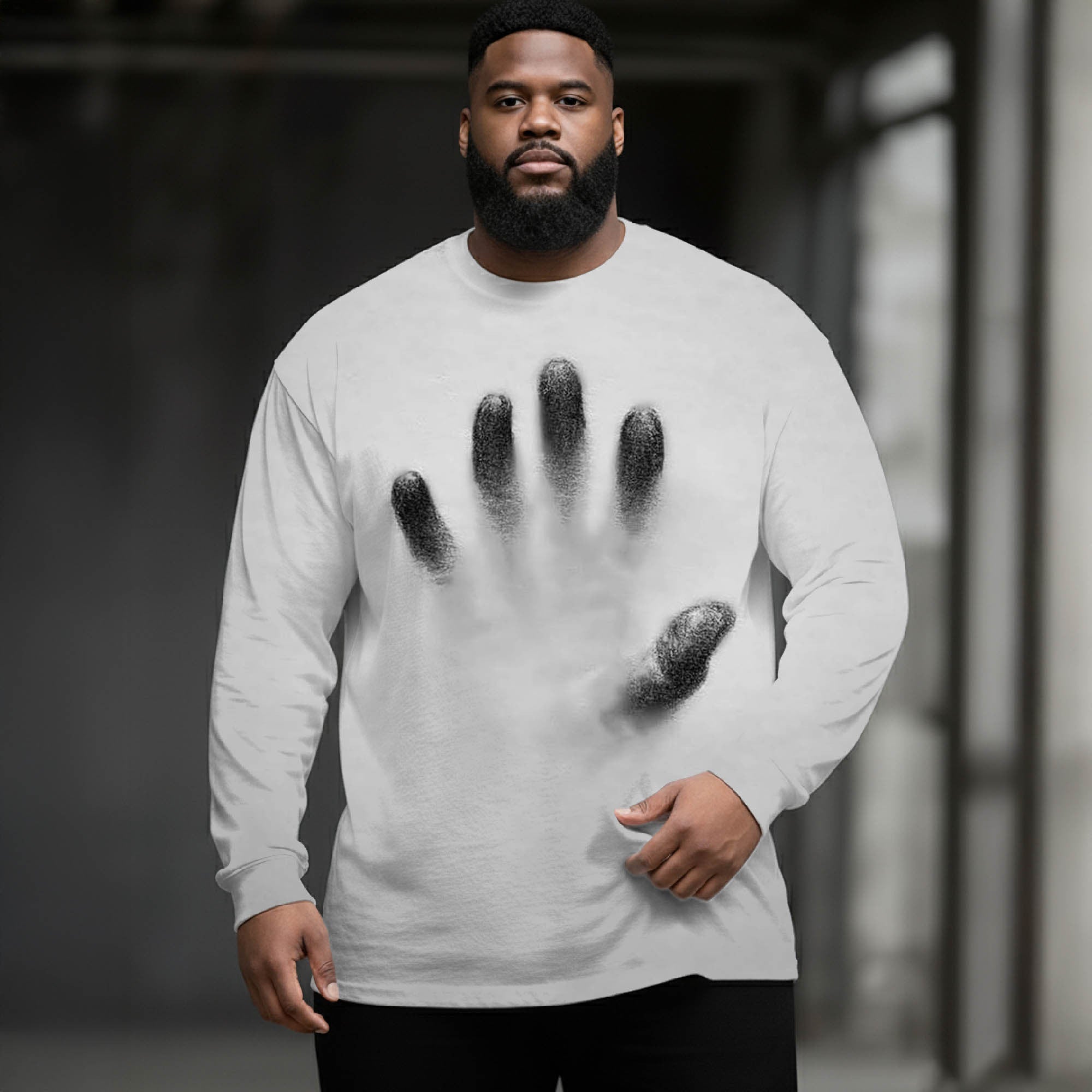 Hands In The Mist Plus Size Men's Long Sleeve Round Neck Top