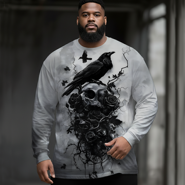 Dark Crow Skull Plus Size Men's Long Sleeve Round Neck Top